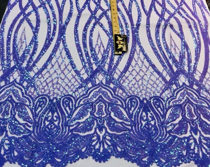 Lavender iridescent phoenix flames sequin design on a 4 way stretch mesh-prom-nightgown-sold by the yard-free shipping in the USA-