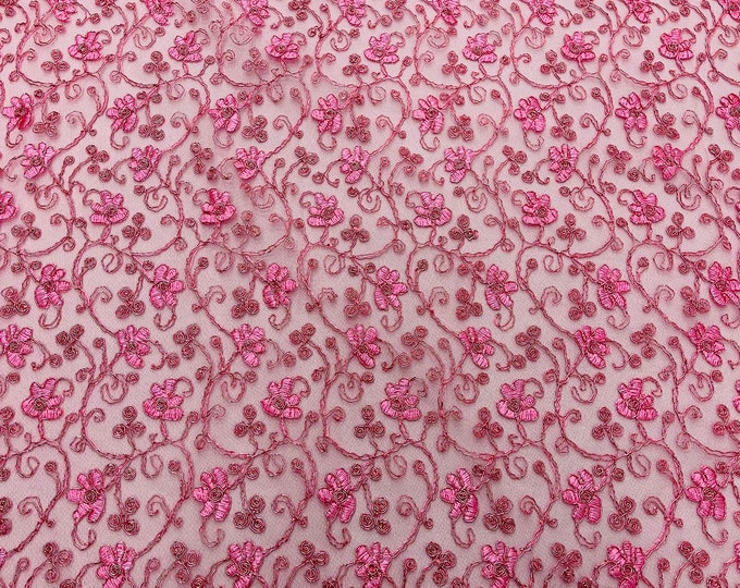 Pink lace with cord embroidery flowers on a mesh fabric -dresses-fashion-prom-nightgown-sold by yard-free shipping.