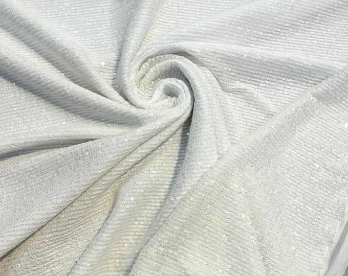 White chain shiny sequins design on a 4 way stretch mesh fabric -prom-sold by the yard.