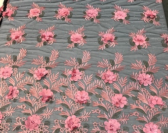 Dusty rose 3d floral design embroidery with pearls and metallic tread on a black mesh with rhinestones-dresses-l-fashion-prom-nightgown-yard