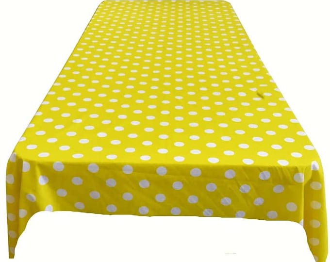 New Creations Fabric & Foam Inc, Polka Dot Poly Cotton Tablecloth ( White Dot on Yellow. Choose Size Below