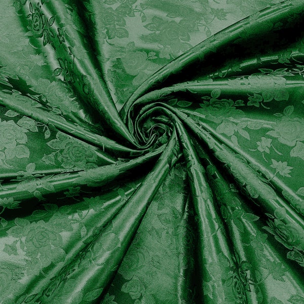 Emerald Green 60" Wide Polyester Big Roses/Flowers Brocade Jacquard Satin Fabric/Cosplay Costumes, Skirts, Table Linen/Sold By The Yard.