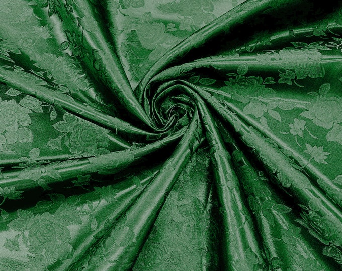 Emerald Green 60" Wide Polyester Big Roses/Flowers Brocade Jacquard Satin Fabric/Cosplay Costumes, Skirts, Table Linen/Sold By The Yard.