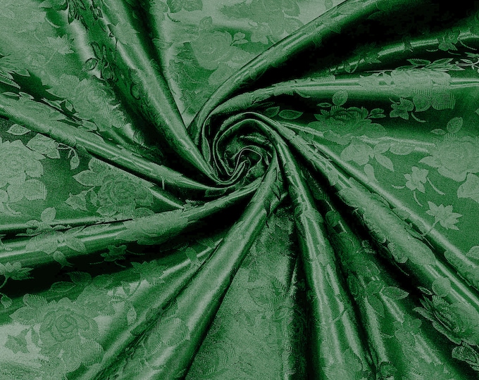 Emerald Green 60" Wide Polyester Big Roses/Flowers Brocade Jacquard Satin Fabric/Cosplay Costumes, Skirts, Table Linen/Sold By The Yard.