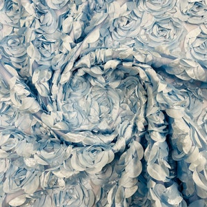 Light blue 3D Rosette Embroidery Satin Rose Flowers  Floral Mesh Fabric by the yard