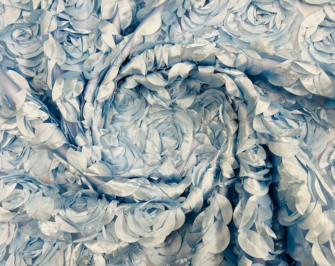 Light blue 3D Rosette Embroidery Satin Rose Flowers  Floral Mesh Fabric by the yard