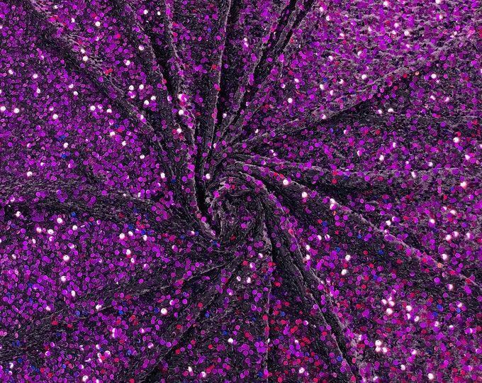 Purple economic all over shiny sequins on a 2 way stretch velvet , sold by the yard.