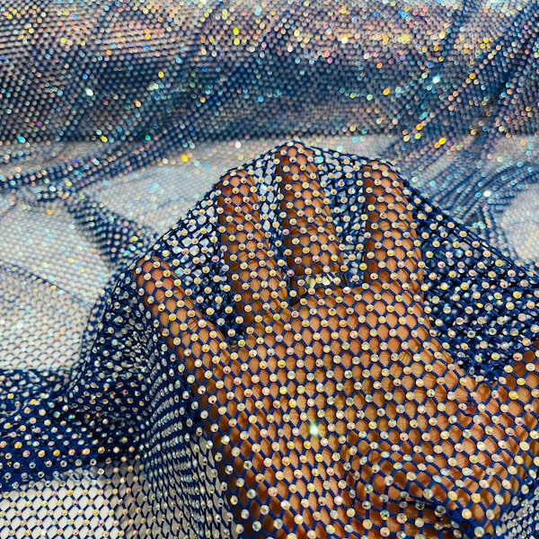 Royal Blue AB Iridescent Rhinestones On Soft Stretch Fish Net Fabric 45" Wide -sold by The Yard.