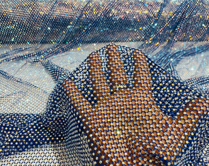 Royal Blue AB Iridescent Rhinestones On Soft Stretch Fish Net Fabric 45" Wide -sold by The Yard.