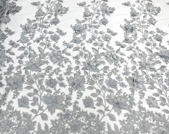 Silver Emily 3d floral design embroider with pearls in a mesh lace-sold by the yard.