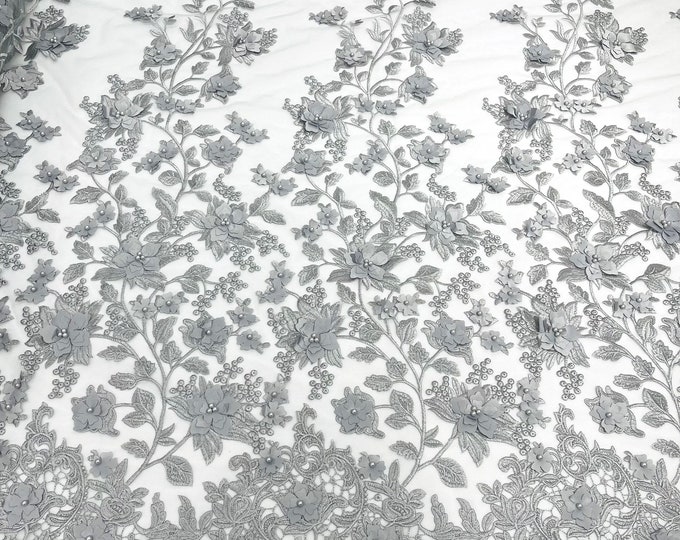 Silver Emily 3d floral design embroider with pearls in a mesh lace-sold by the yard.