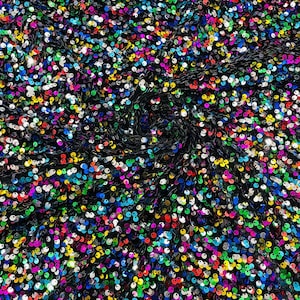 Rainbow / Black stretch velvet with luxury sequins all over 5mm shining sequins 2-way stretch, sold by the yard.
