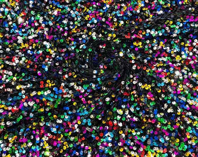 Rainbow / Black stretch velvet with luxury sequins all over 5mm shining sequins 2-way stretch, sold by the yard.