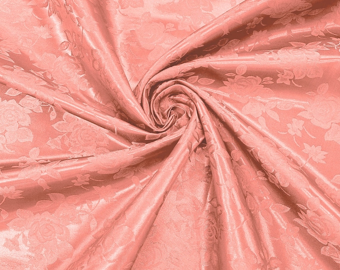 Coral 60" Wide Polyester Big Roses/Flowers Brocade Jacquard Satin Fabric/Cosplay Costumes, Skirts, Table Linen/Sold By The Yard.