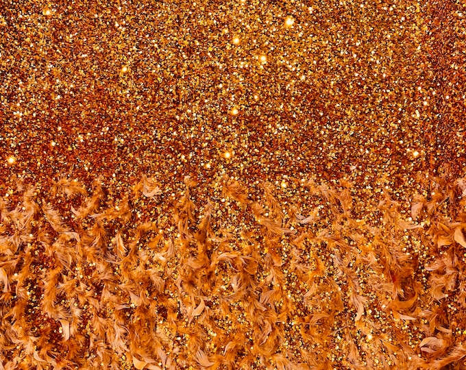 Orange 5mm sequins on a stretch velvet with feathers  2-way stretch, sold by the yard