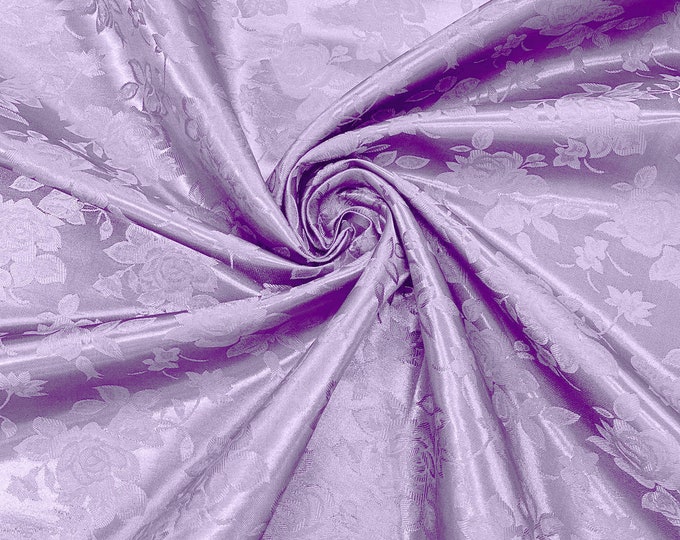 Lilac 60" Wide Polyester Big Roses/Flowers Brocade Jacquard Satin Fabric/Cosplay Costumes, Skirts, Table Linen/Sold By The Yard.