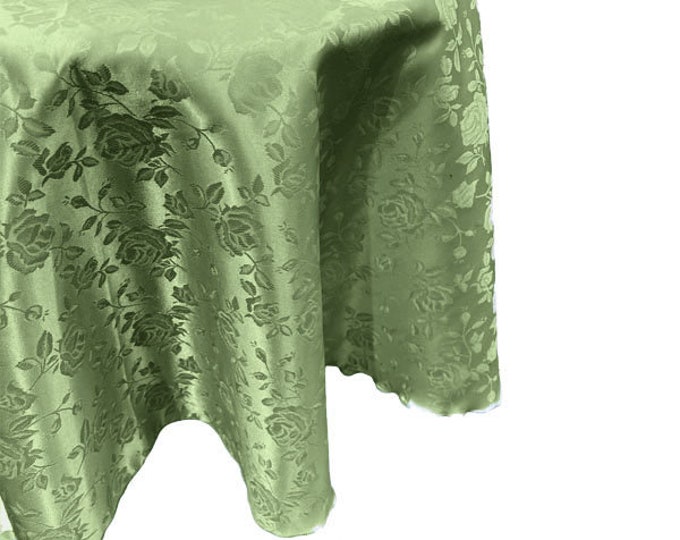 Sage Green Round Tablecloth Roses Jacquard Satin Overlay for Small Coffee Table Seamless.