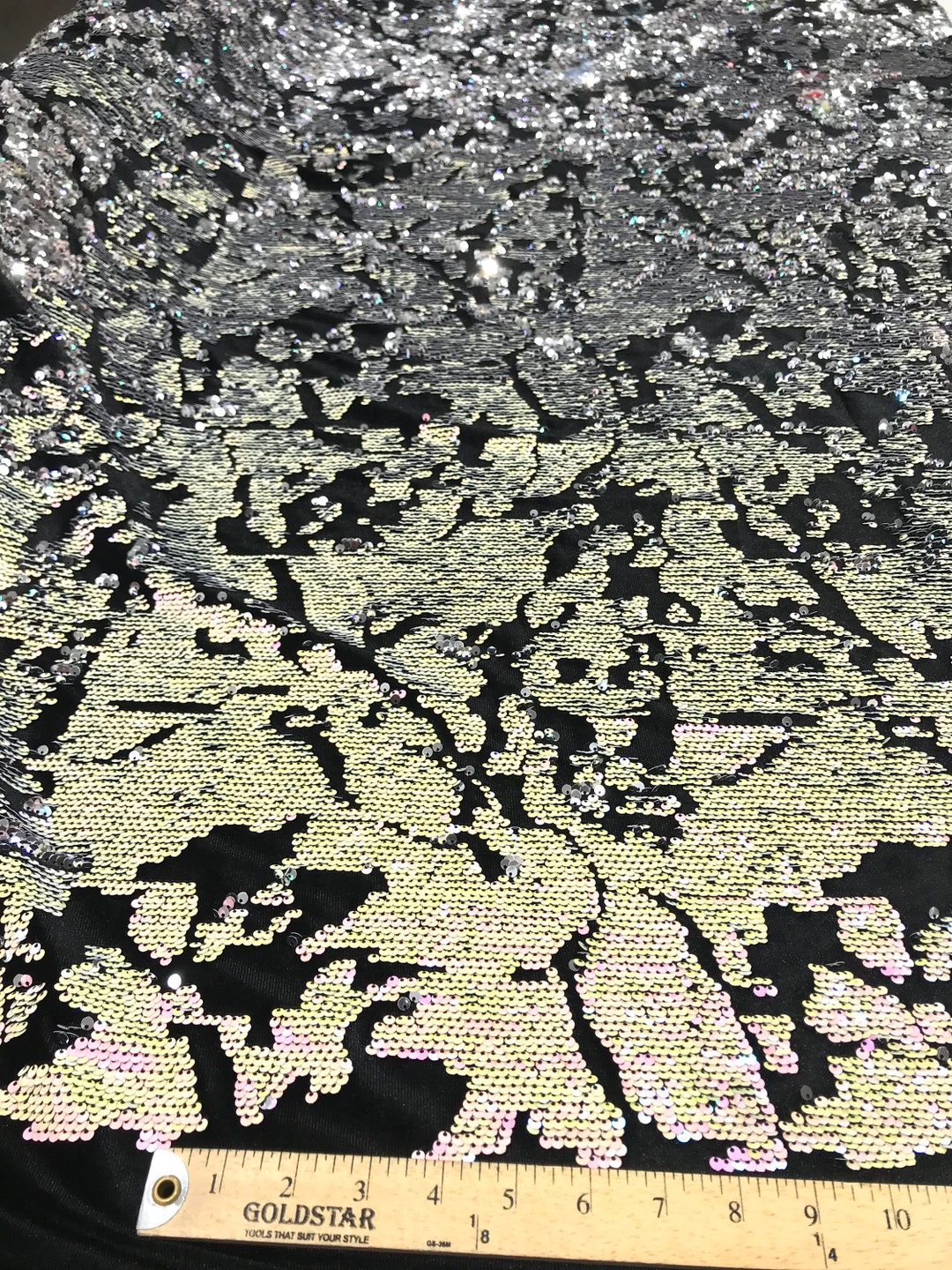 Sequins Flip Two Tone Camouflage Design on a Black Stretch Velvet, Sold by the Yard. Pink/Green main image 0