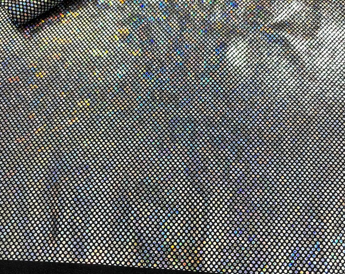 Silver/black 58/60” Wide Shattered Glass Foil Iridescent Hologram Dancewear 4 Way Stretch Spandex Nylon Tricot Fabric by the yard.