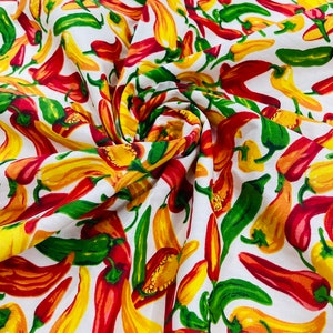 White 60" Wide Multi Color Hot Chili Pepper Poly Cotton Print Fabric/Costume/Tablecloth/Decorations