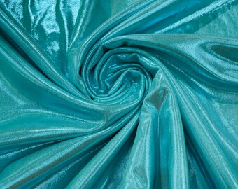 Aqua Metallic Lame Foil/ Polyester Fabric/Stretch Fabric/Light Weight/ 58 Inches Wide.