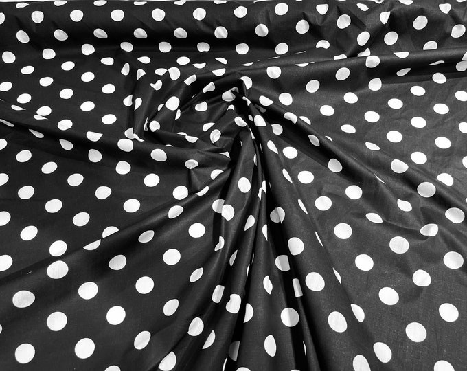 White dot On Black 58" Wide Premium 1 inch Polka Dot Poly Cotton Fabric Sold By The Yard.