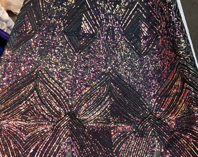 Purple-royal geometric diamond design with shiny iridescent sequins on a black 4 way stretch mesh-dresses-prom-nightgown-sold by the yard.