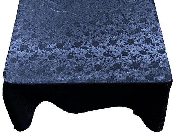 Navy Blue Roses Jacquard Satin Rectangular Tablecloth Seamless/Party Supply.