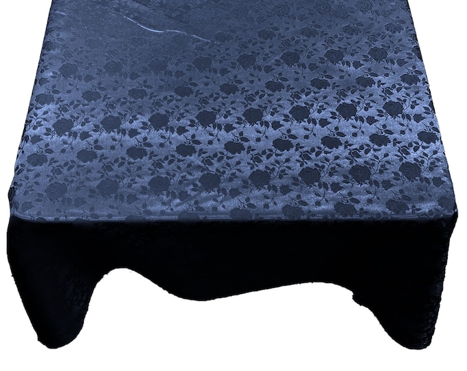 Navy Blue Roses Jacquard Satin Rectangular Tablecloth Seamless/Party Supply.