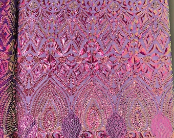 New purple iridescent diamond design with sequins on a 4 way stretch mesh-prom-nightgown-sold by the yard-free shipping in USA-