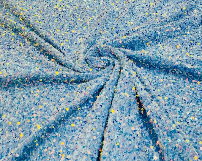 Clear Iridescent Light Blue stretch velvet with luxury sequins all over 5mm shining sequins 2-way stretch, Sold by the yard.