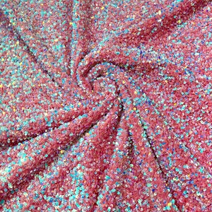 Shiny 5mm Sequin On A 2 Way Stretch Velvet (1 Yard, Aqua Pink Iridescent/Black)