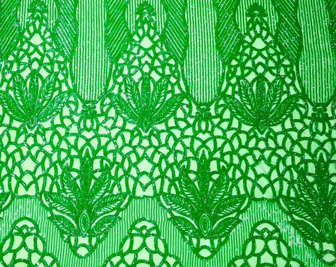 Green glossy floral damask sequin design on a 4 way stretch mesh-prom-sold by the yard.