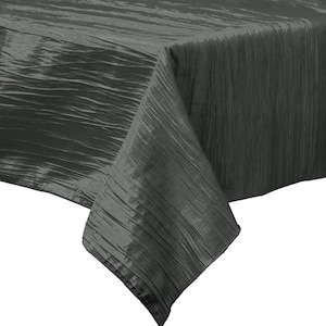 May include: A dark gray, crinkled tablecloth with a square shape. The tablecloth is made of a soft, silky fabric.