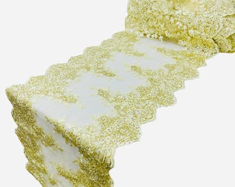 IVORY/GOLD 14"Wide  Sequins Gold Metallic Embroidered Lace on Mesh Fabric, Trim Lace, Table Runner. Sold By The Yard.