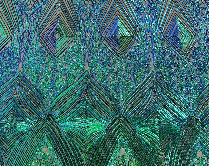 Green Iridescent geometric diamond design with shiny sequins on a black 4 way stretch mesh fabric- sold by the yard.