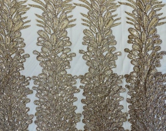 New Vegas heavy beaded feather design embroidery on a mesh fabric-Sold by the panel- Champagne