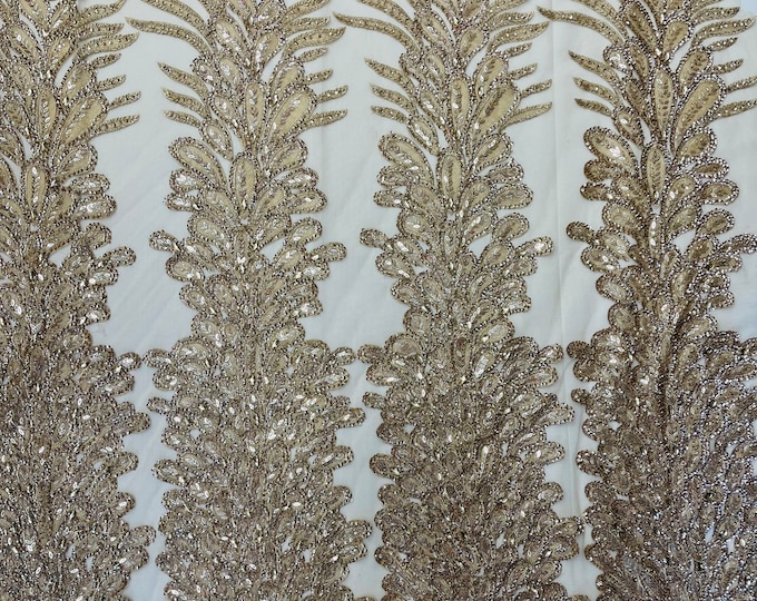 New Vegas heavy beaded feather design embroidery on a mesh fabric-Sold by the panel- Champagne