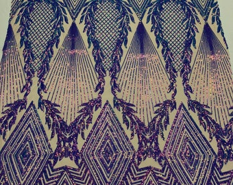 Lavender geometric diamond design with shiny iridescent sequins on a nude 4 way stretch mesh-dresses-prom-nightgown-sold by the yard-