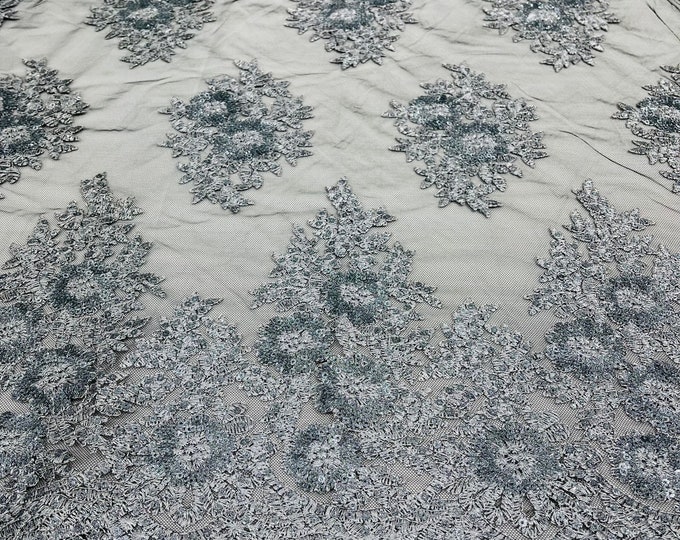 Gray/Black Floral corded embroider with glitter sequins on a mesh lace fabric-sold by the yard.