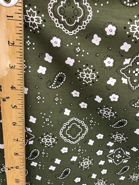 Olive Green 58/59" Wide 65% Polyester 35 percent  Cotton Bandanna Print Fabric, Good for Face Mask Covers, Sold By The Yard.