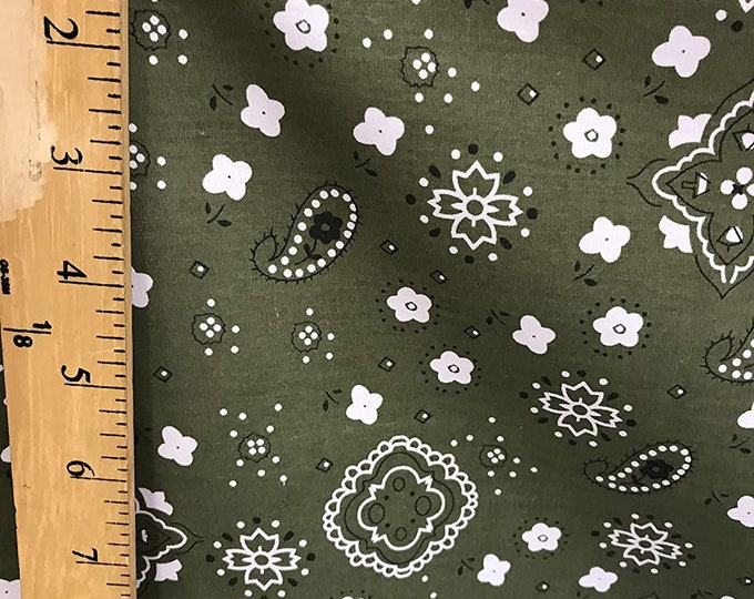 Olive Green 58/59" Wide 65% Polyester 35 percent  Cotton Bandanna Print Fabric, Good for Face Mask Covers, Sold By The Yard.