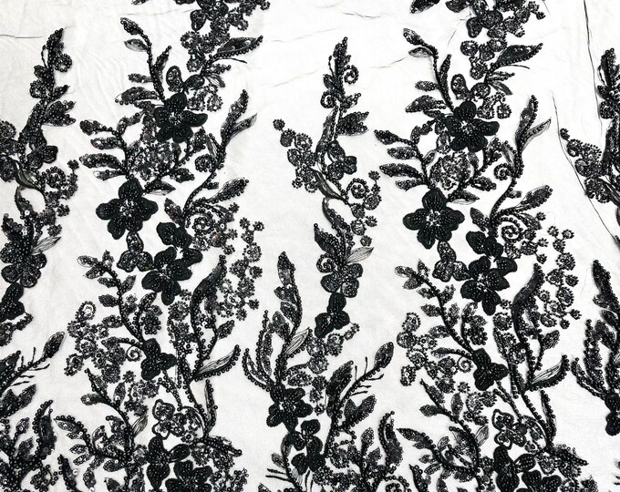Black metallic floral embroider and heavy beaded on a mesh lace fabric-sold by the yard-