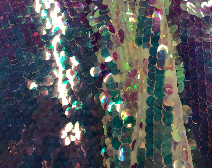 Clear round hologram iridescent mermaid fish scales on a white mesh-prom-decorations-nightgown-dresses-craft-sold by the yard.