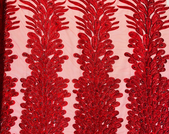 New Vegas heavy beaded feather design embroidery on a mesh fabric-Sold by the panel- Red