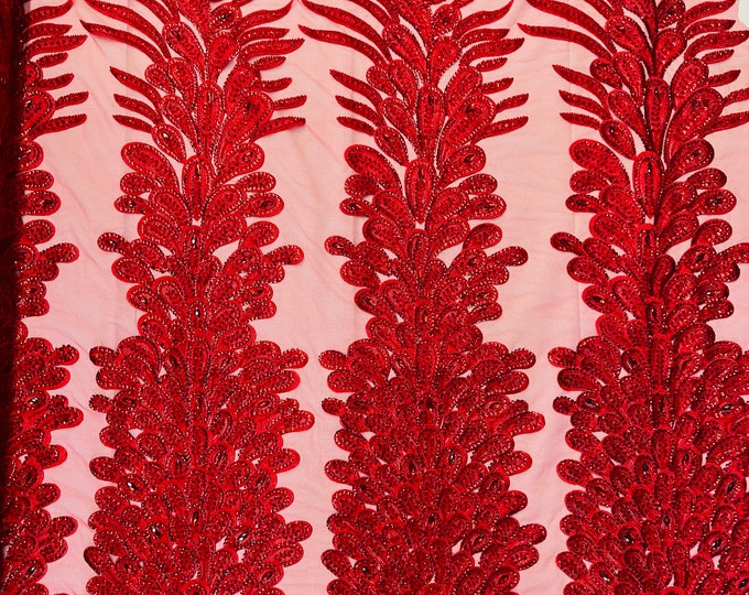 New Vegas heavy beaded feather design embroidery on a mesh fabric-Sold by the panel- Red
