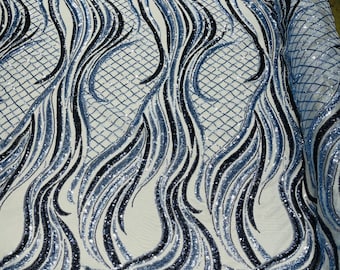 Light Blue/Navy sequin flame design on a 4 way stretch Light Blue mesh-sold by the yard.