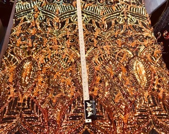 Orange Iridescent Sequins Design With Feathers On A 4 Way Stretch Black Mesh Fabric-Prom-Nightgown-Sold By The Yard