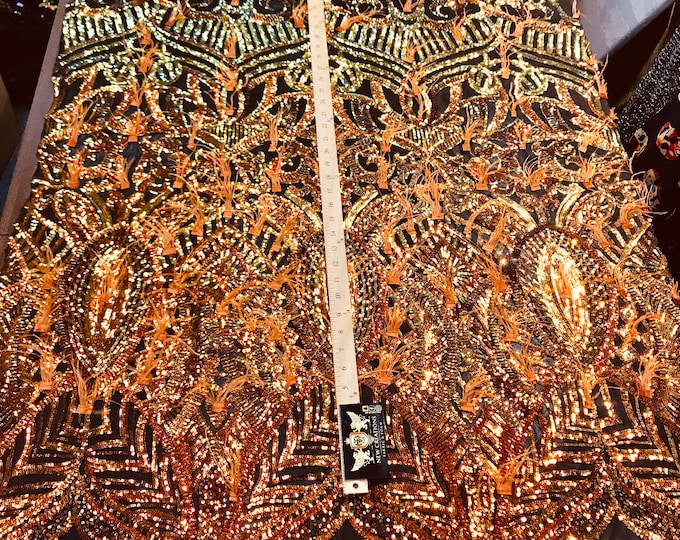 Orange Iridescent Sequins Design With Feathers On A 4 Way Stretch Black Mesh Fabric-Prom-Nightgown-Sold By The Yard