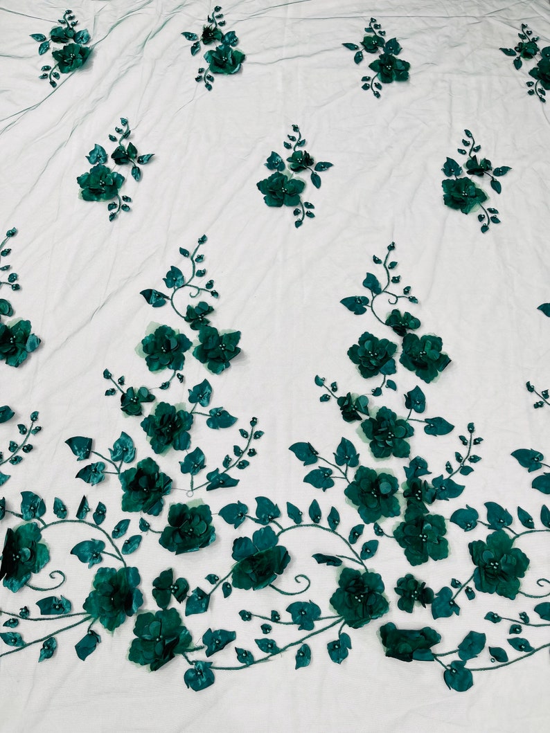 Royalty Fabrics Multi color Sun flower 3d design embroider in a Hunter green mesh lace-sold by the yard. main image 1